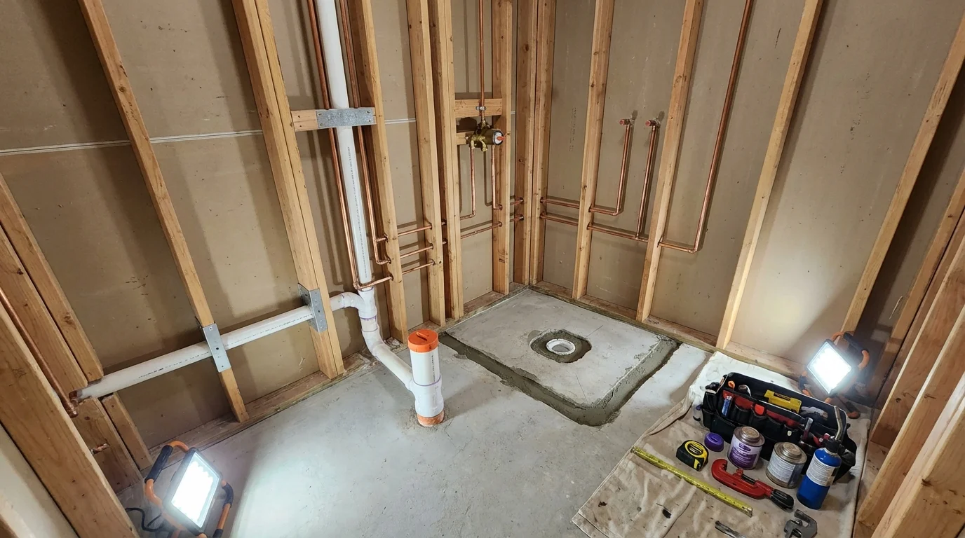 Bathroom rough-in plumbing during remodel by Johns Plumbing LLC in Sagamore