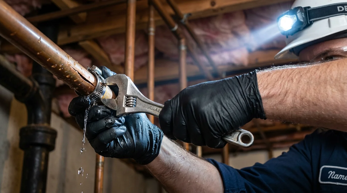 Emergency pipe clamp repair being performed by a Johns Plumbing LLC plumber in Sagamore