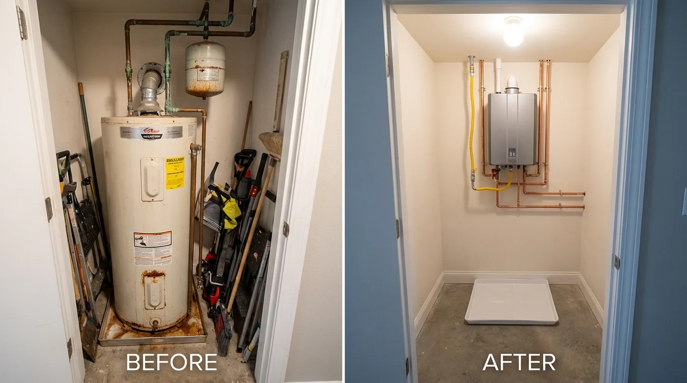 Tank water heater versus wall-mounted tankless unit comparison for Sagamore, MA homeowners