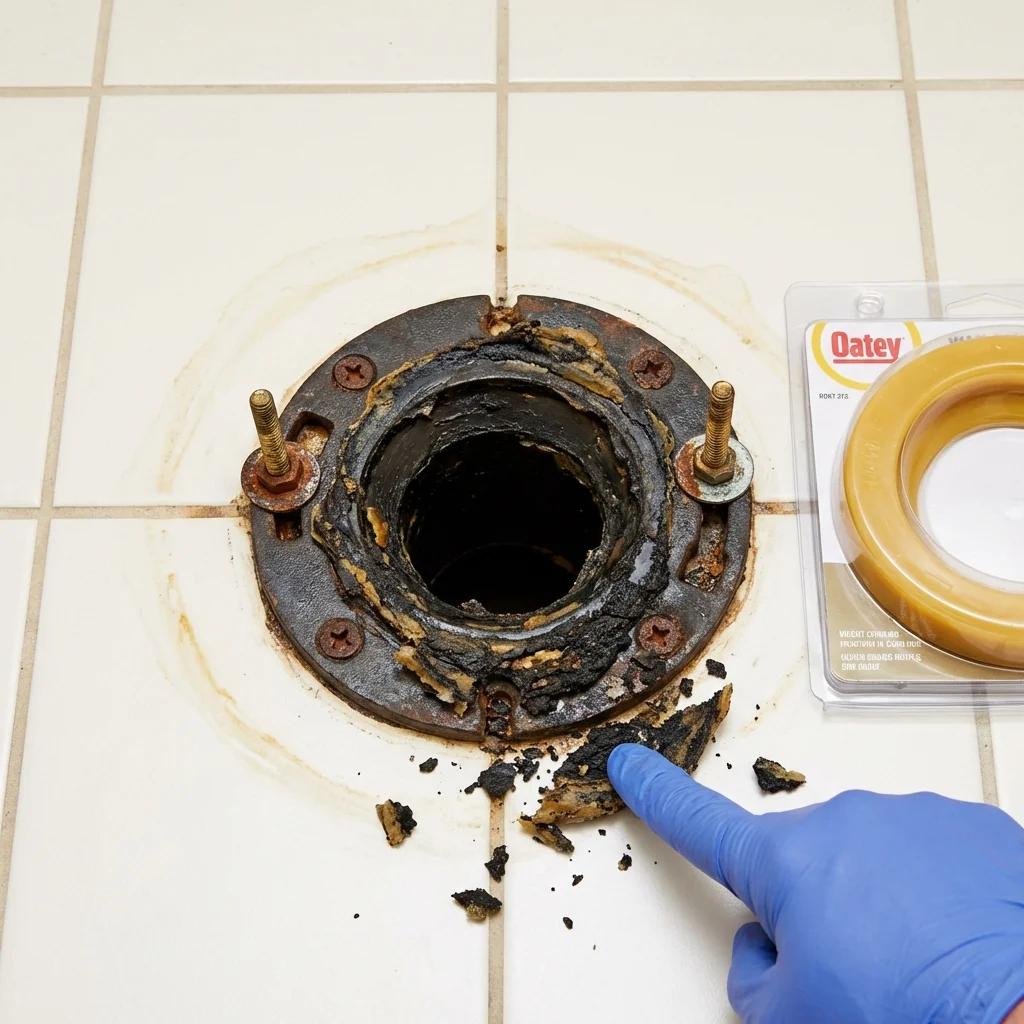 Failed wax ring showing water seepage at the base of a toilet in a Sagamore, MA home