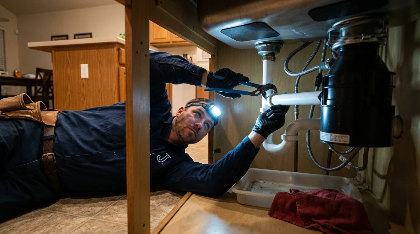 P-trap and supply line connections under a kitchen sink showing a common leak point in Sagamore, MA